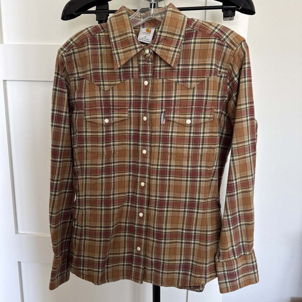 Womens Carhartt Flannel Pearl Button Up Western Work Shirt Medium Brown
